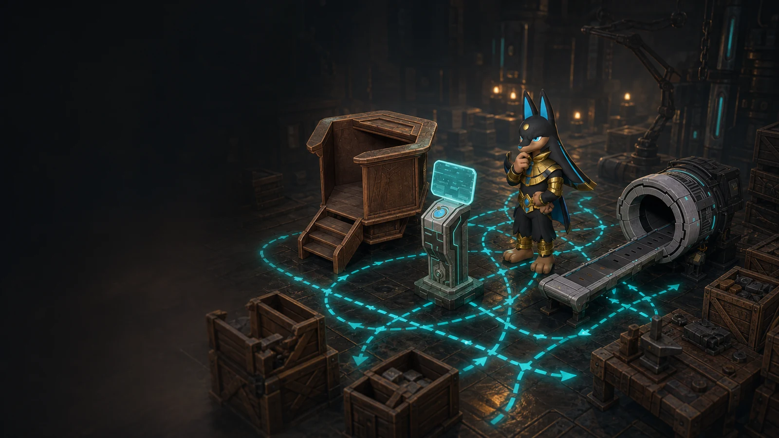 Anubis studying crossed task routes between a Monitoring Stand, worker terminal, conveyor, and storage crates