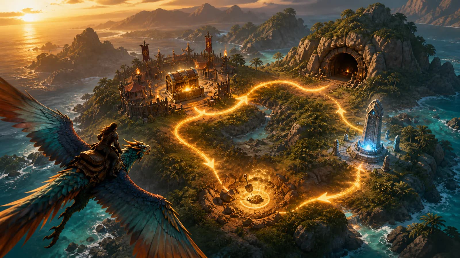A flying rider following a luminous route through a camp, dungeon, travel point, and buried treasure