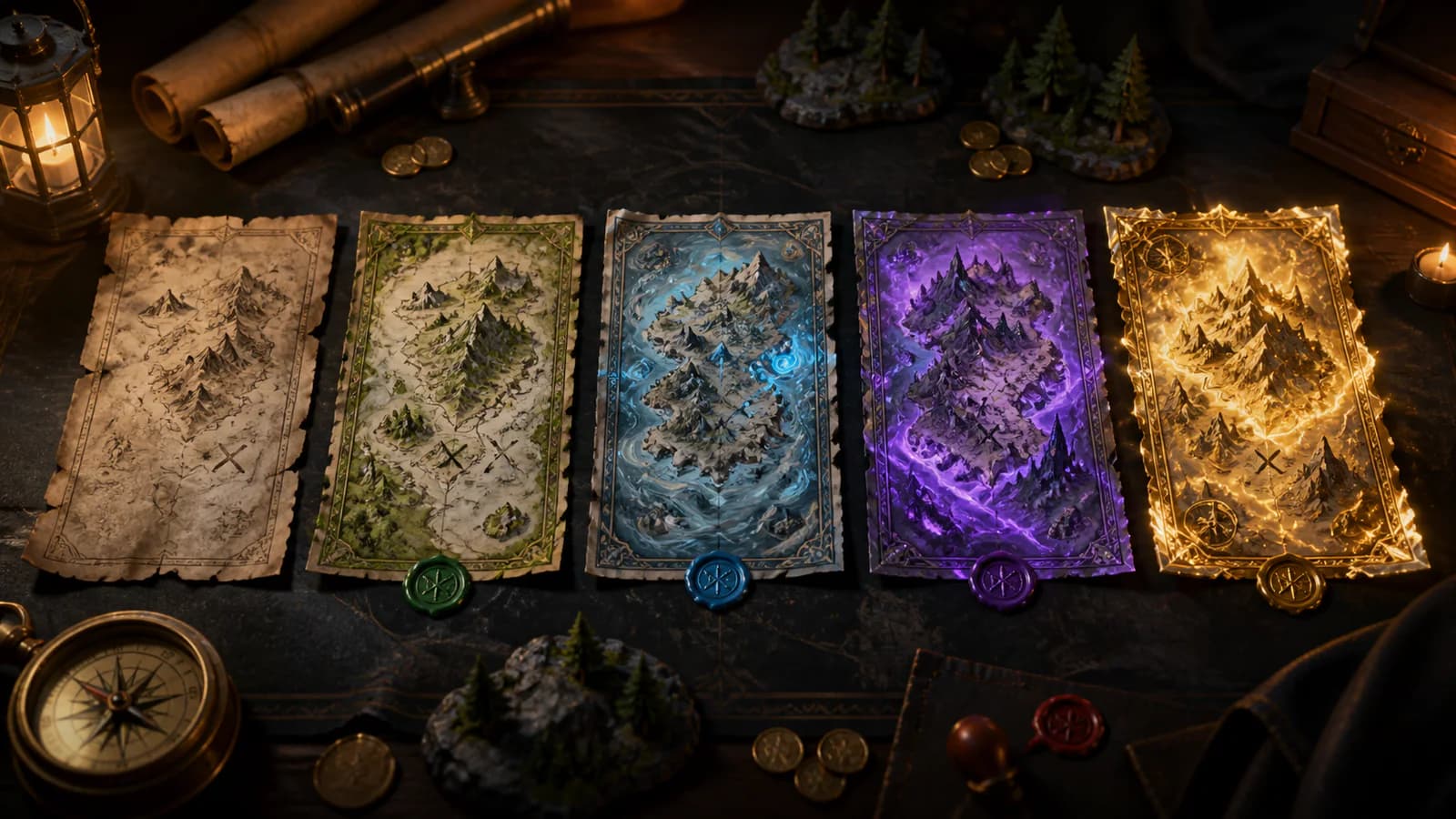 Five fantasy Treasure Maps progressing from common parchment to a golden legendary map