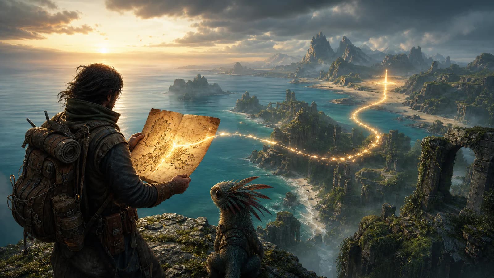 An explorer holding a glowing map whose route leads across islands to a buried marker