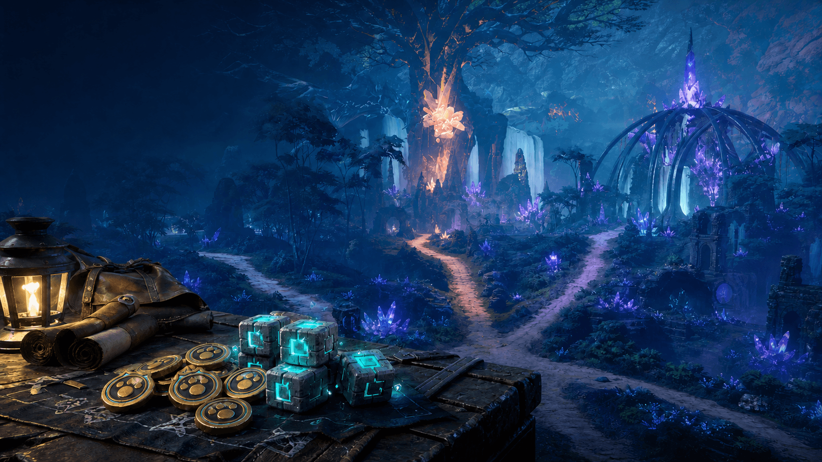 Three paths through luminous World Tree ruins beside a table of Dog Coins and ancient rewards