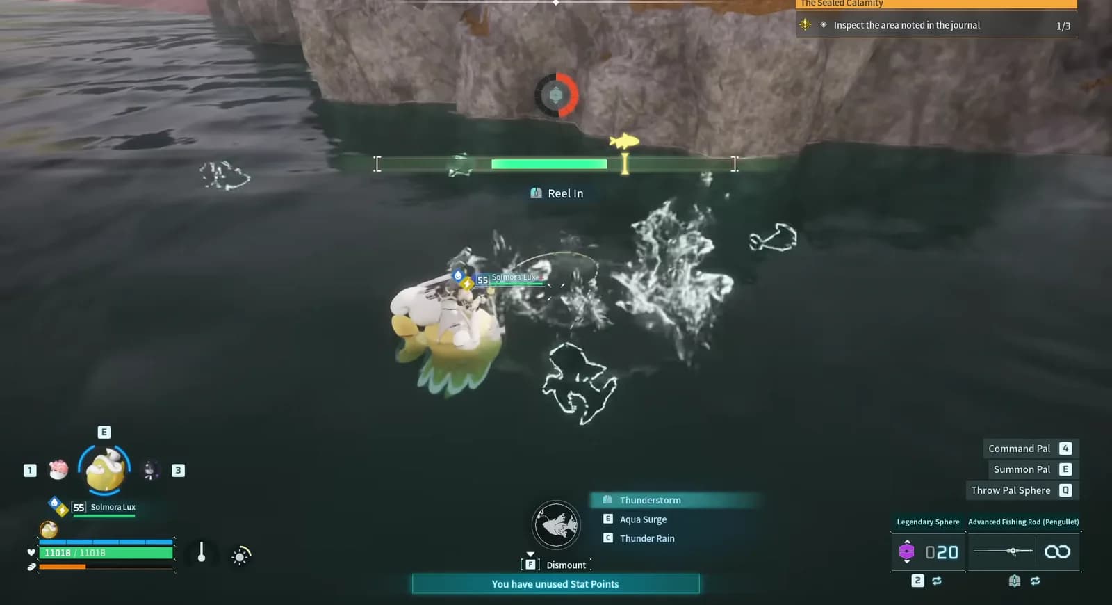 Palworld fishing minigame showing the control bar and capture gauge