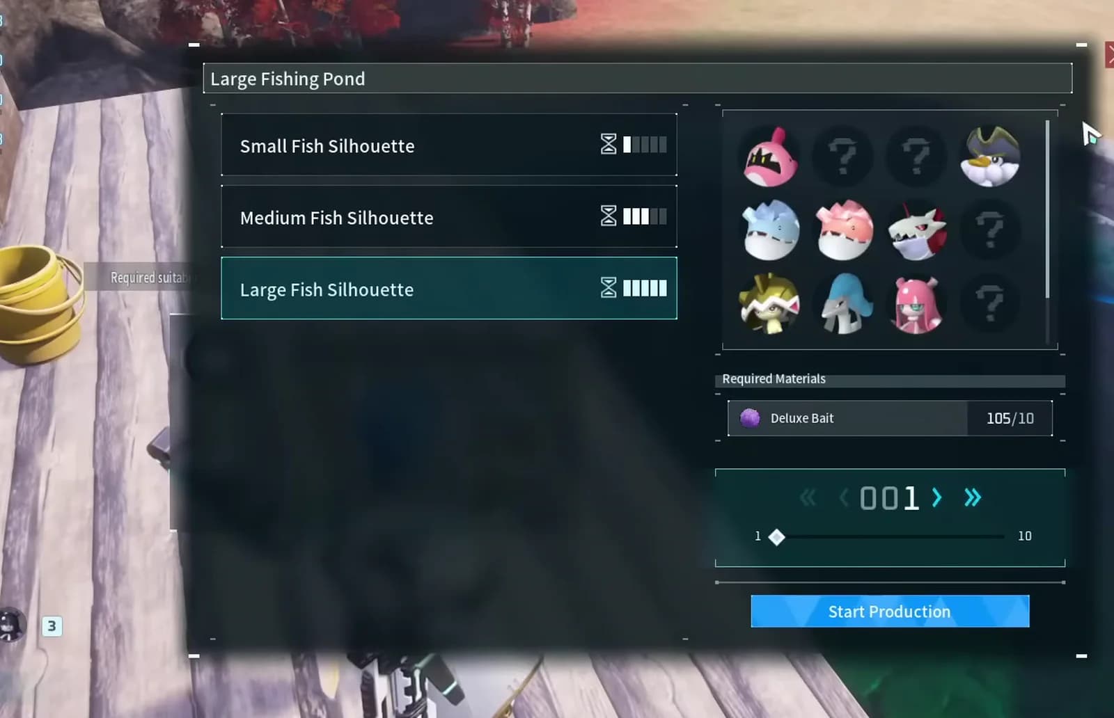 Large Fishing Pond menu with three silhouette jobs and Deluxe Bait cost