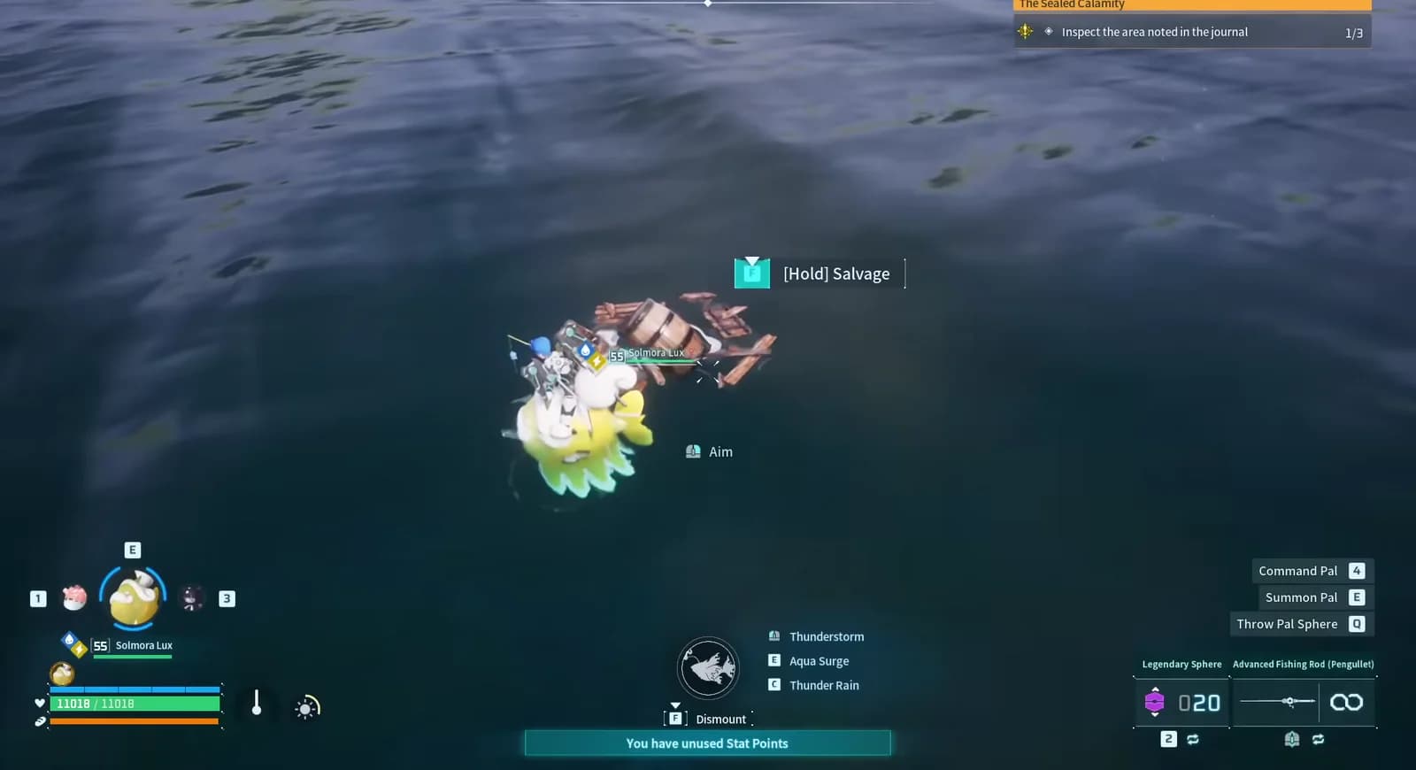Solmora Lux beside offshore salvage wreckage in Palworld
