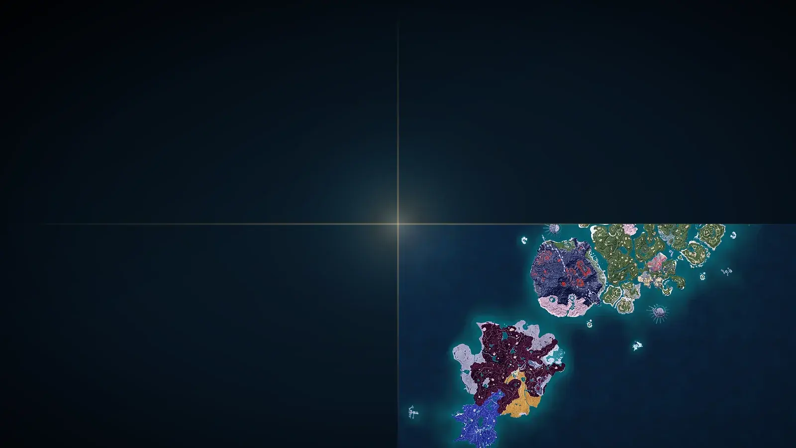 The charted Palworld world map glowing as one quadrant of a larger dark ocean, with light radiating from the center where the four quadrants meet