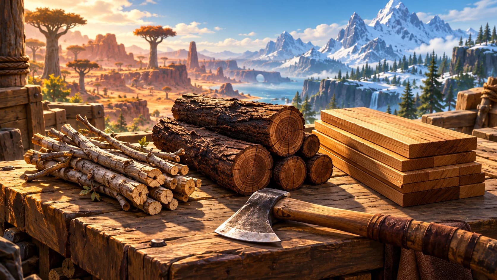 Generated editorial illustration of pale branches, dark hardwood logs and finished boards on a workbench
