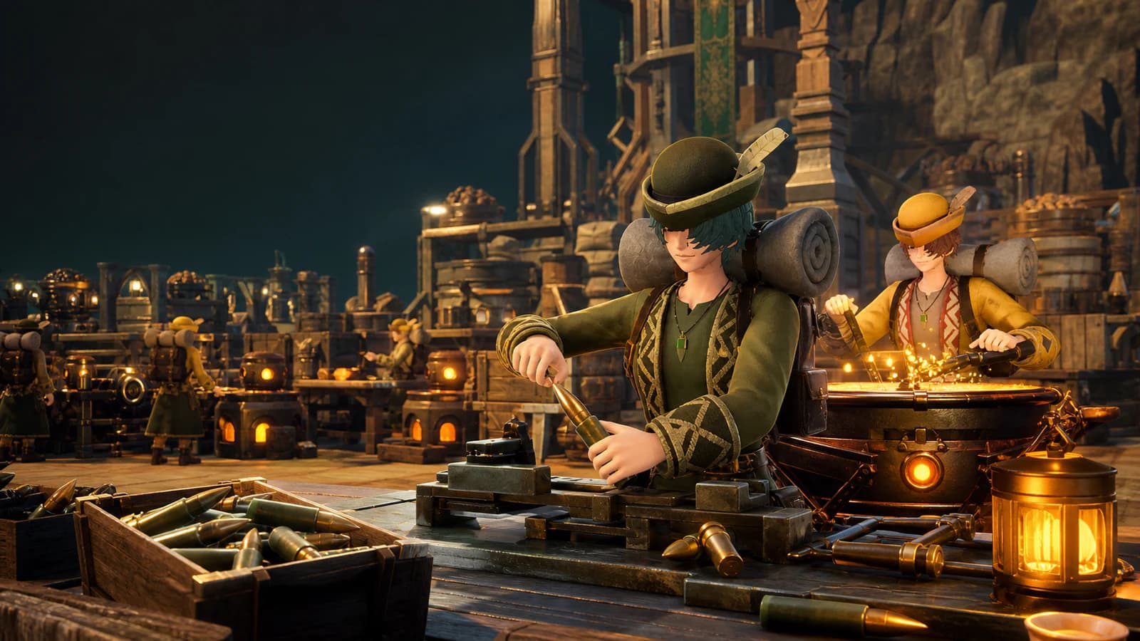 Legendary Ammo and Gourmet Merchants working at high-speed crafting stations in an endgame base