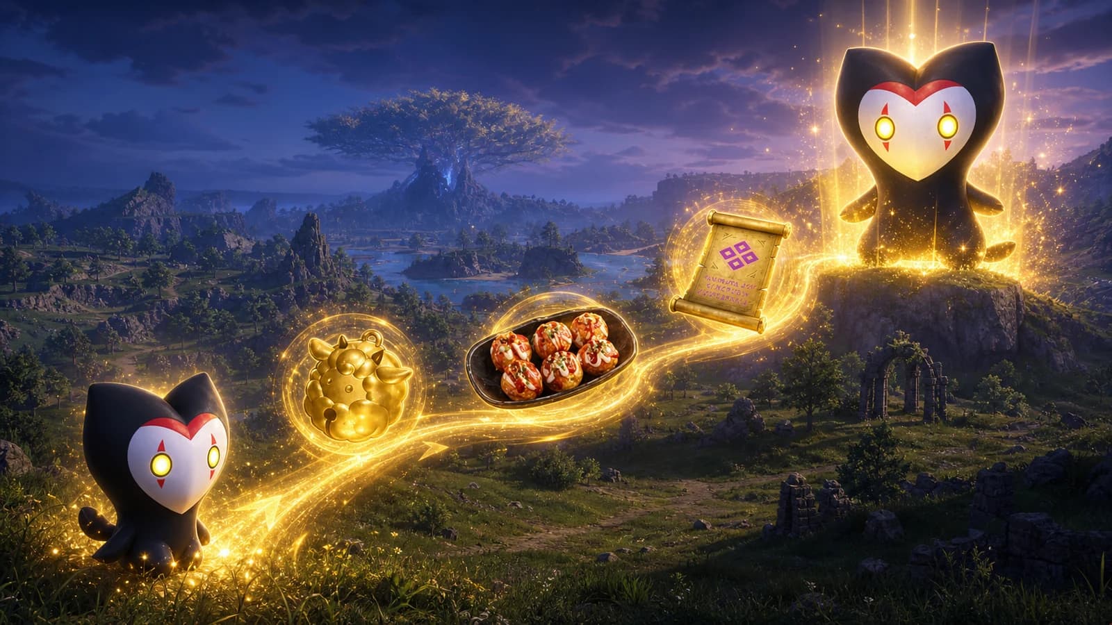 Omascul follows a glowing experience route past a Growth Acceleration Bell, food buff, and Training Manual toward maximum power