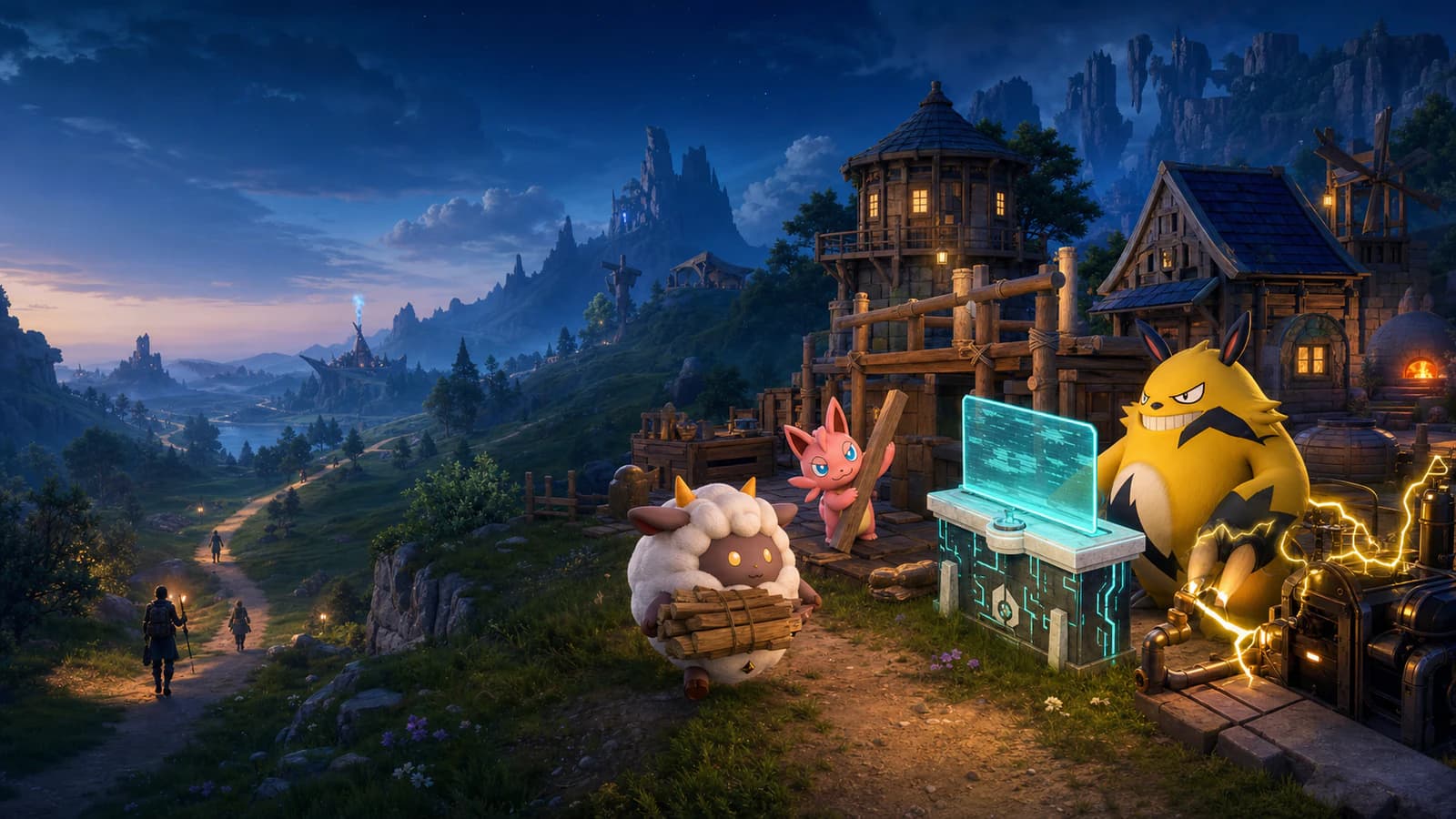 Lamball, Cattiva, and Grizzbolt work around a glowing Palbox as several adventurers enter a shared valley settlement.