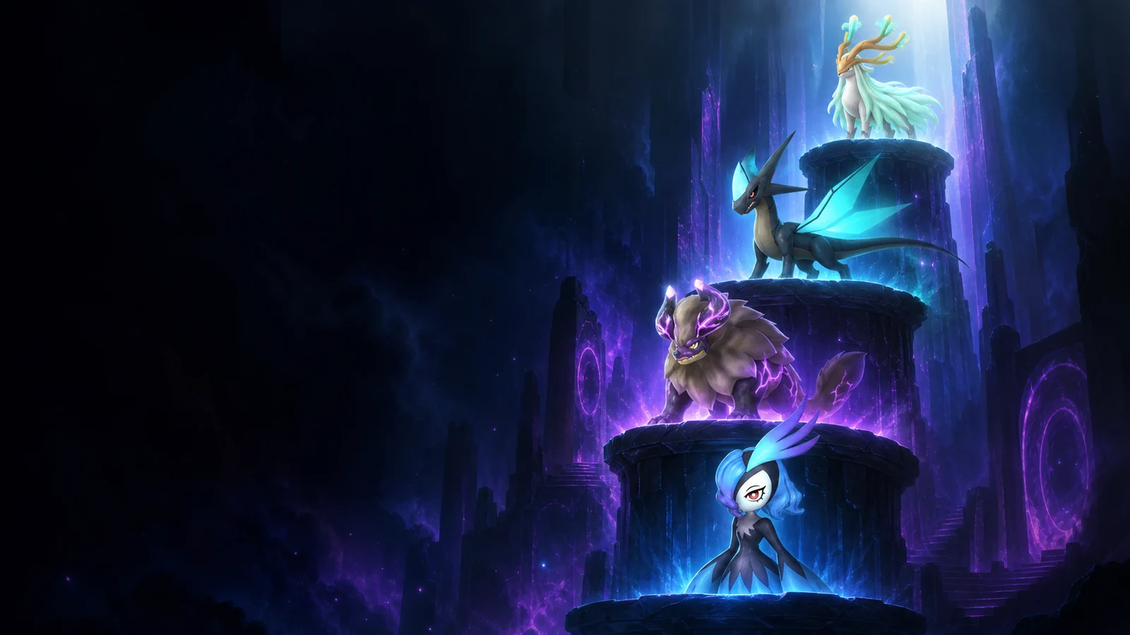 Bellanoir, Blazamut Ryu, Xenolord, and Hartalis standing on ascending raid-arena platforms