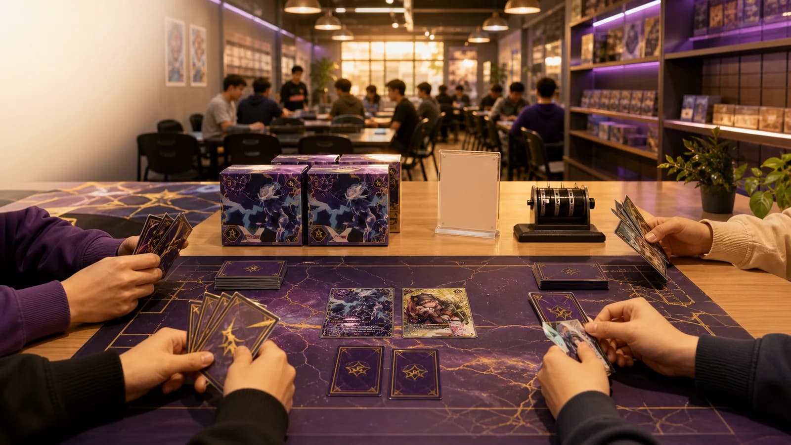 Players build decks around a Palworld card table inside a busy local game store.