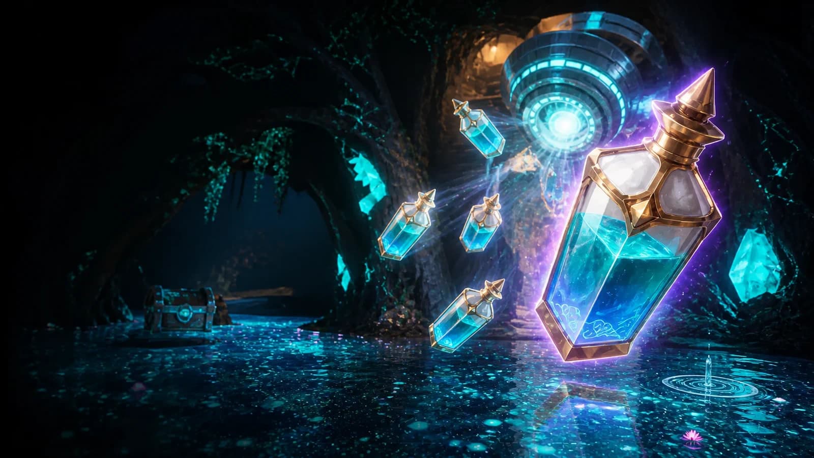 World Tree Holy Water glowing above luminous wetlands as an Ancient Relic Recycler releases more bottles