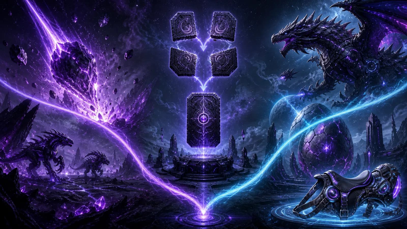 A meteorite, four slab fragments, a summoning altar, Xenolord, a Huge Dark Egg, and a saddle connected as separate branches