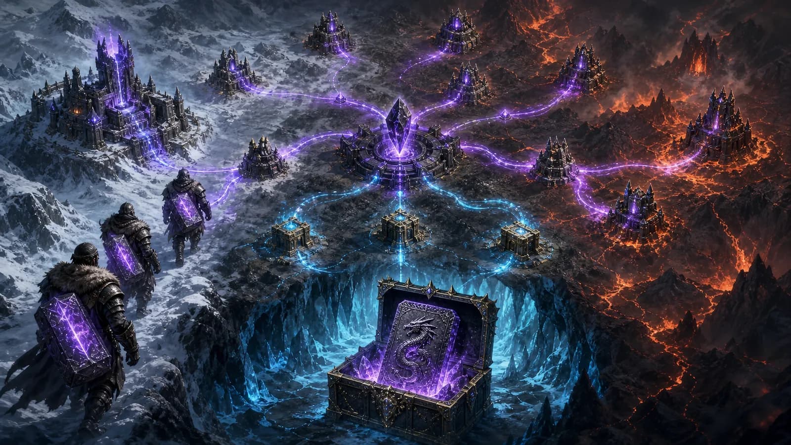 Snow and volcano expeditions, enemy camps, treasure vaults, and a separate frozen cavern slab chest connected in a supply network