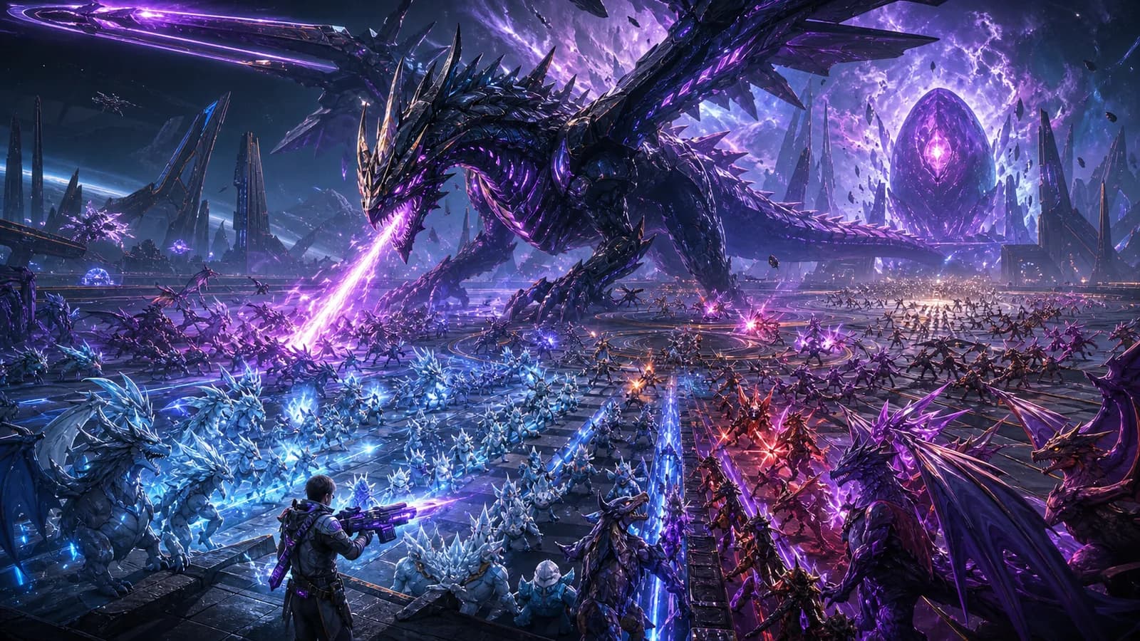 A large Ice and Dragon raid army fighting an airborne mechanical dragon while a trainer clears summoned enemies