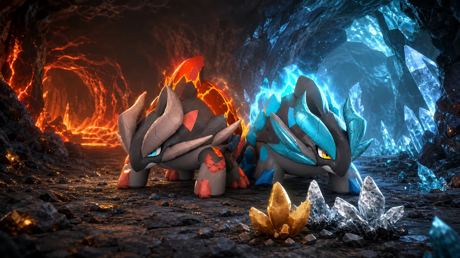 Reptyro and Reptyro Cryst standing together where a volcanic mine meets a frozen crystal cavern