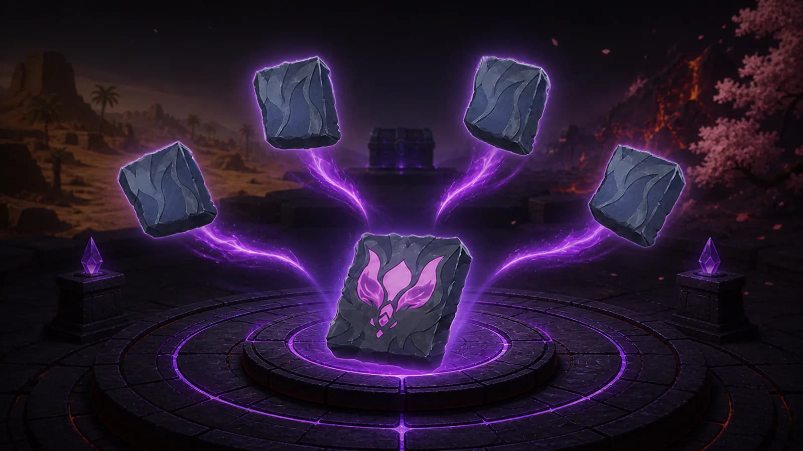 Four authentic Blazamut Ryu slab fragments converging on the completed raid slab