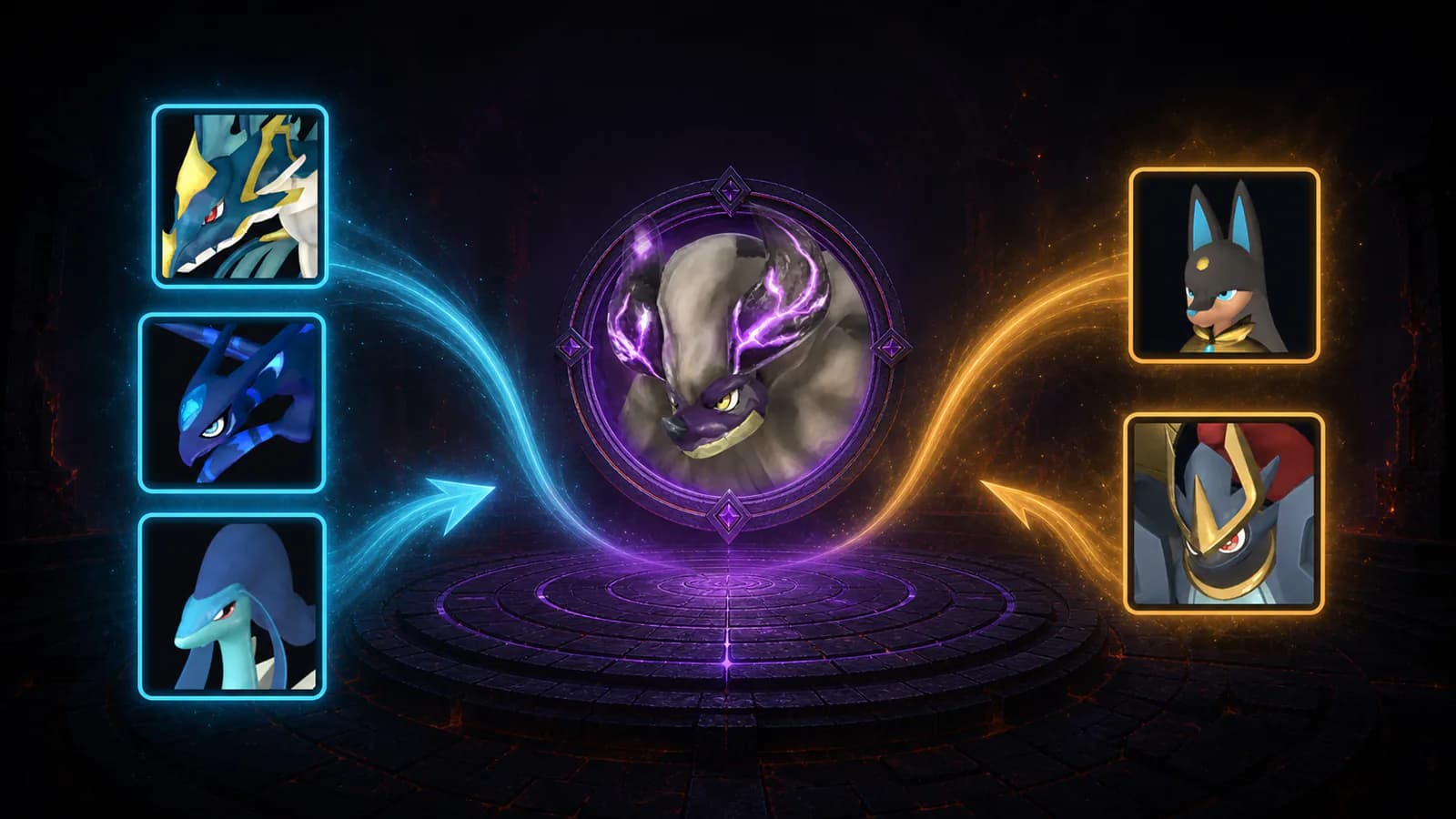 Water and Ground Pal portraits connected to Blazamut Ryu by a two-phase counter route