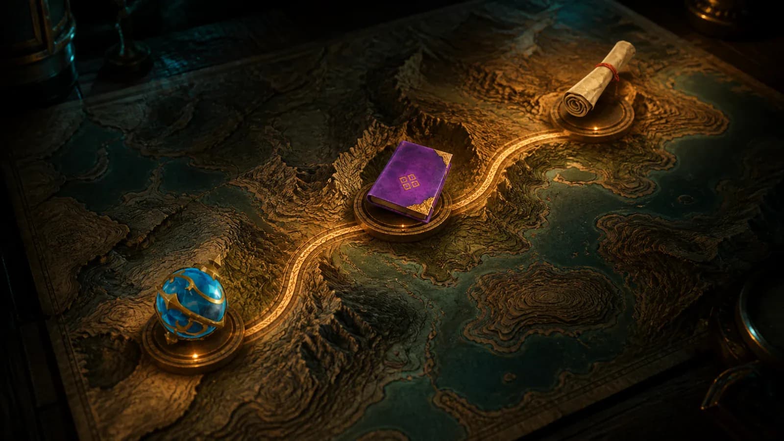 Pal Sphere, technology book, and Treasure Maps arranged along a progression route