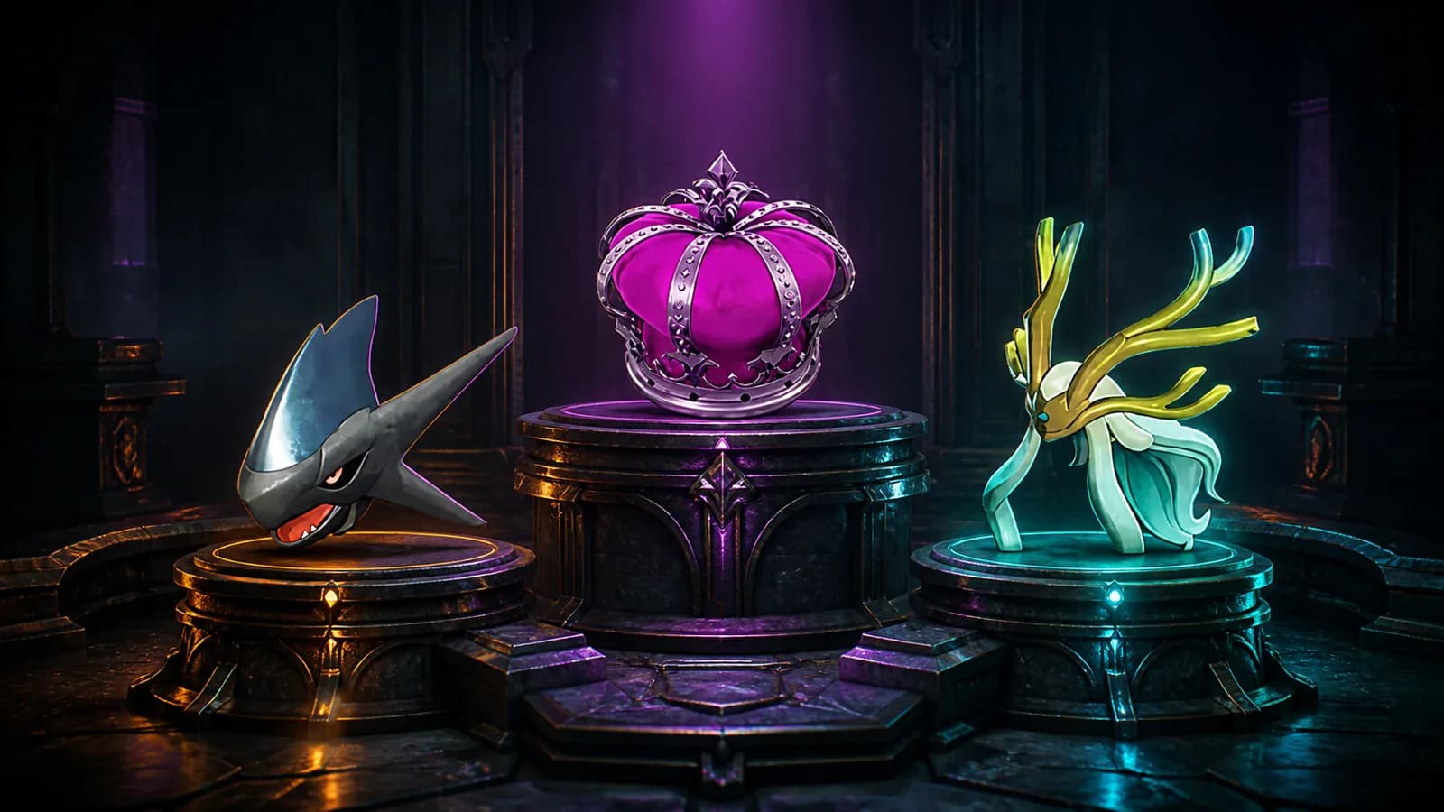 Rare Palworld headpieces displayed as separate artifacts on a trophy altar