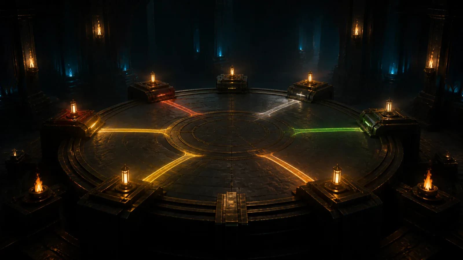 An empty tower command table divided into five illuminated timing segments