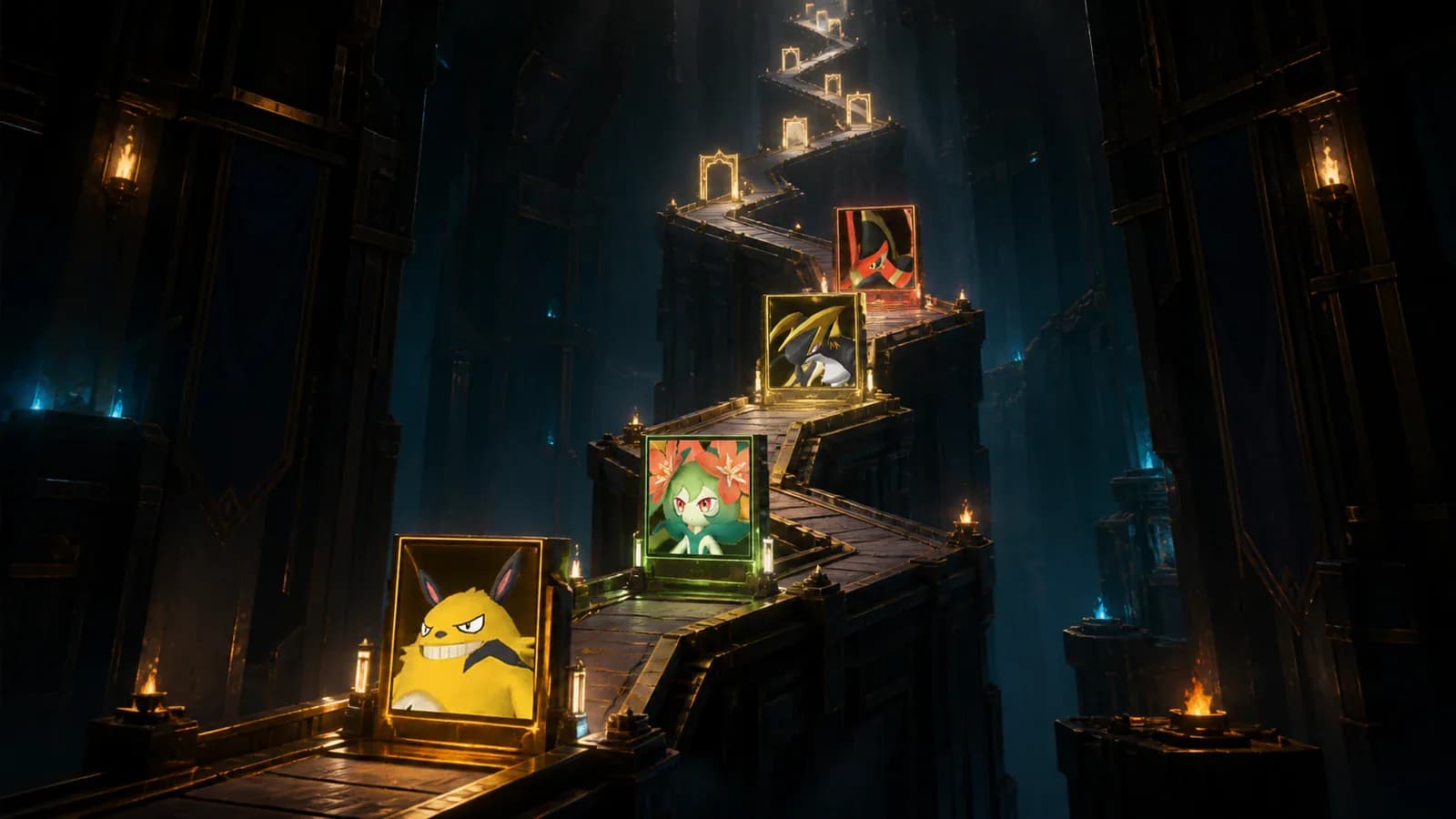 Authentic Pal portrait icons placed along an ascending tower route