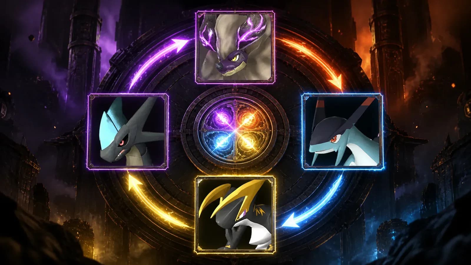 Authentic endgame Pal portrait icons arranged on a mechanical rotation ring