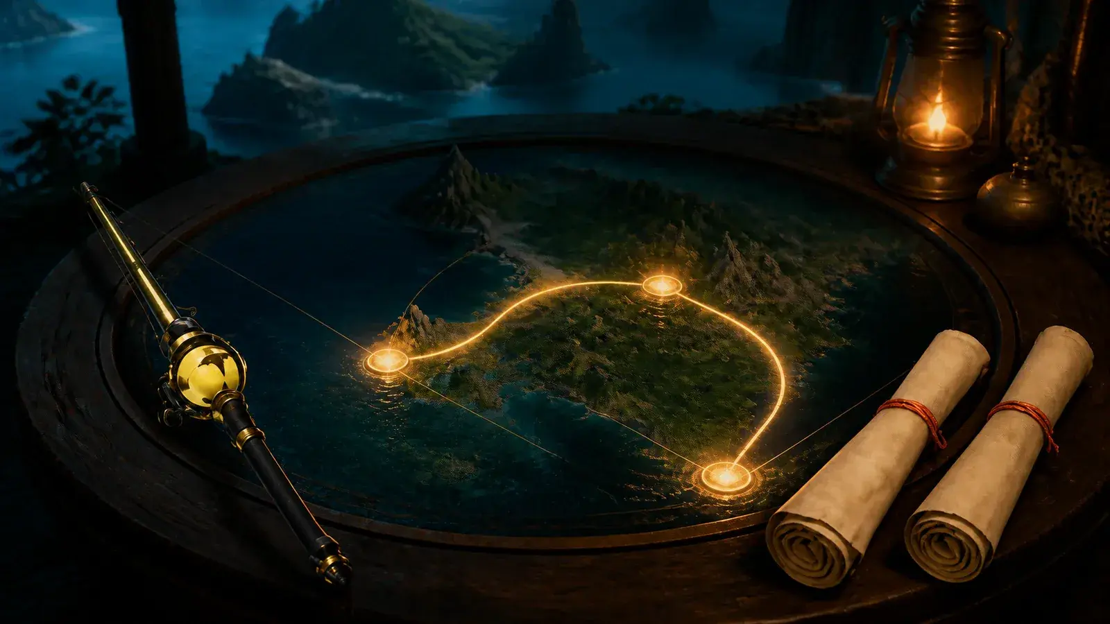 A fishing rod and rare Treasure Maps arranged around an island farming circuit