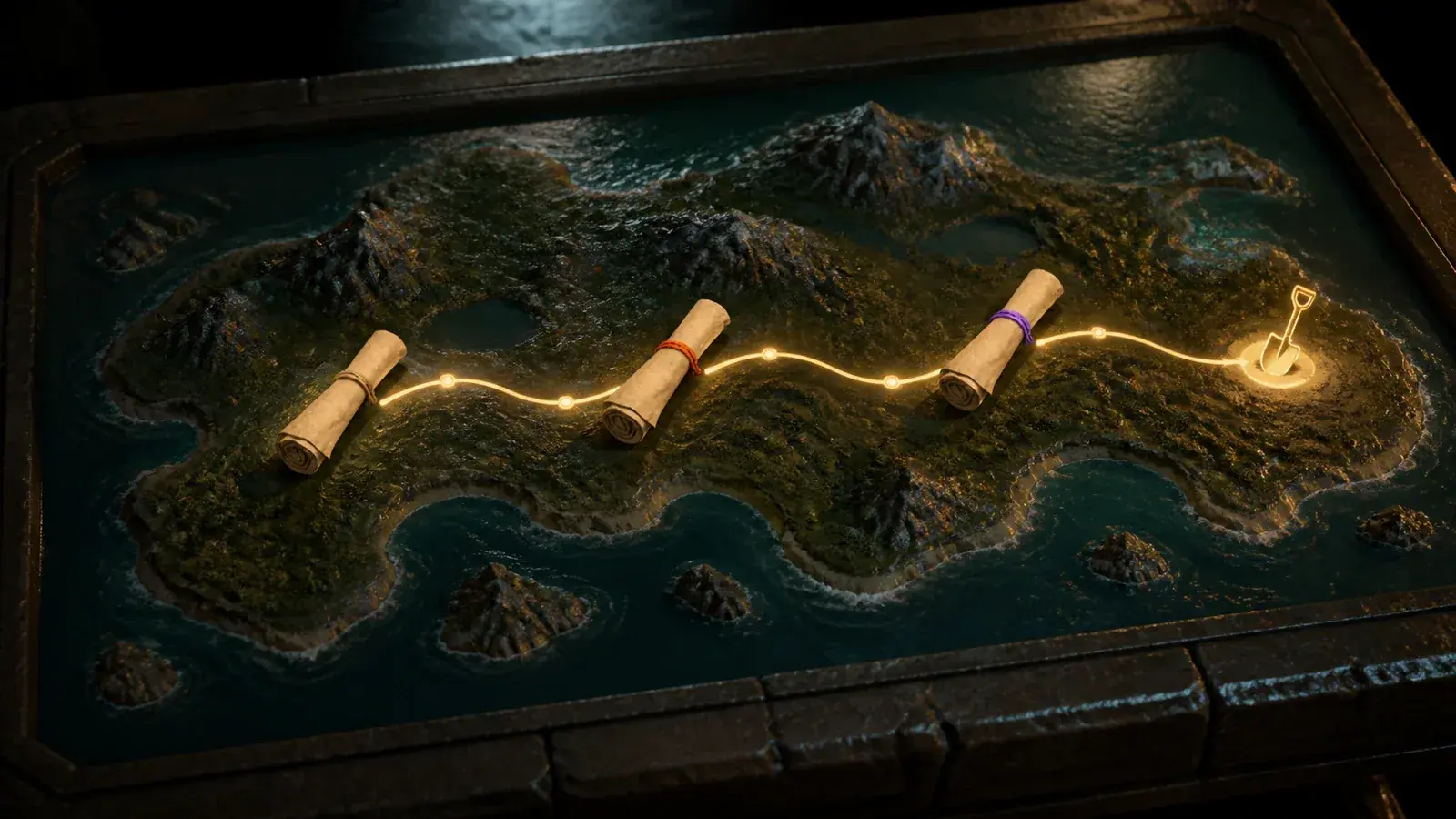 Three authentic Treasure Map scrolls following a route to a buried marker