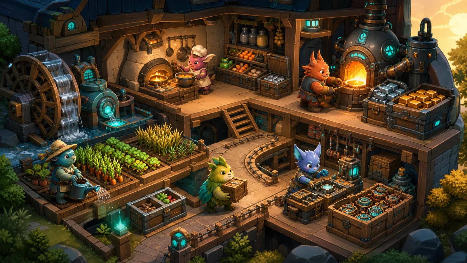 A compact creature-powered base with crops, a mill, kitchen, furnace, assembly bench, and nearby storage arranged in one short production loop