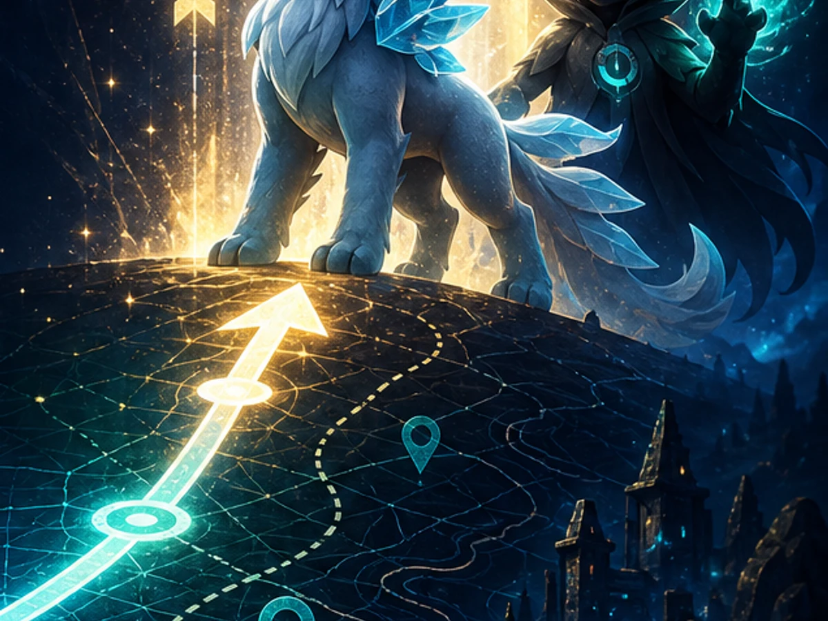 A glowing level-up route climbing toward a high-level Pal and masked EXP companion
